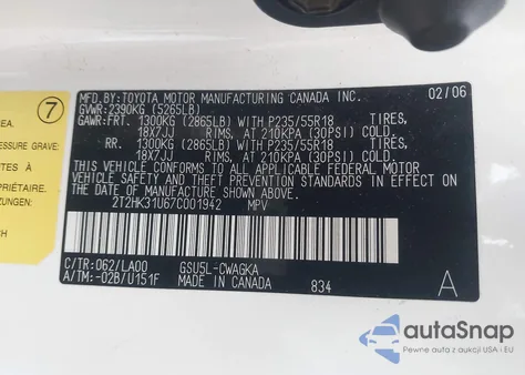 2007 Lexus Rx 350 z USA, uszkodzony, nr VIN 2T2HK31U67C001942